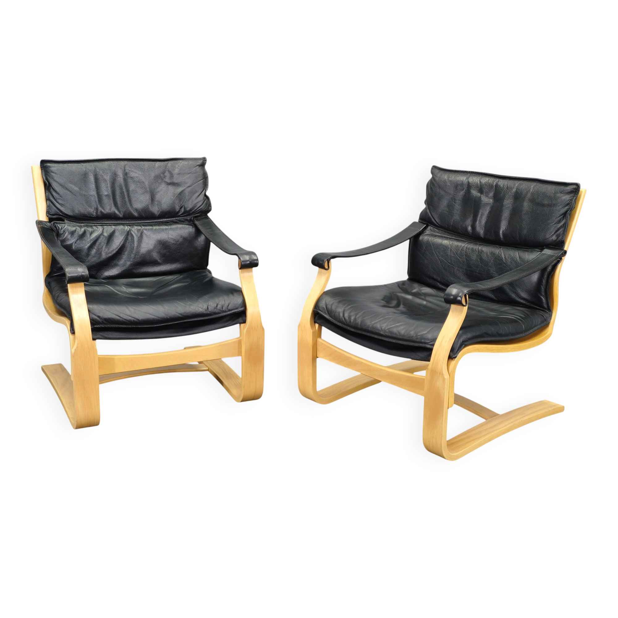 Pair of Leather Lounge Chairs by Åke Fribytter for Nelo Kroken 1960s
