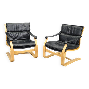 Pair of Leather Lounge Chairs by Åke Fribytter for Nelo Kroken 1960s