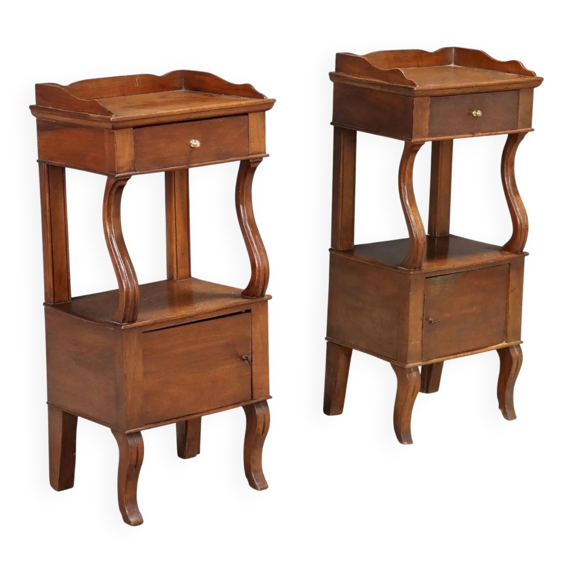 Antique walnut bedside tables with drawer, Italy, 19th century.
