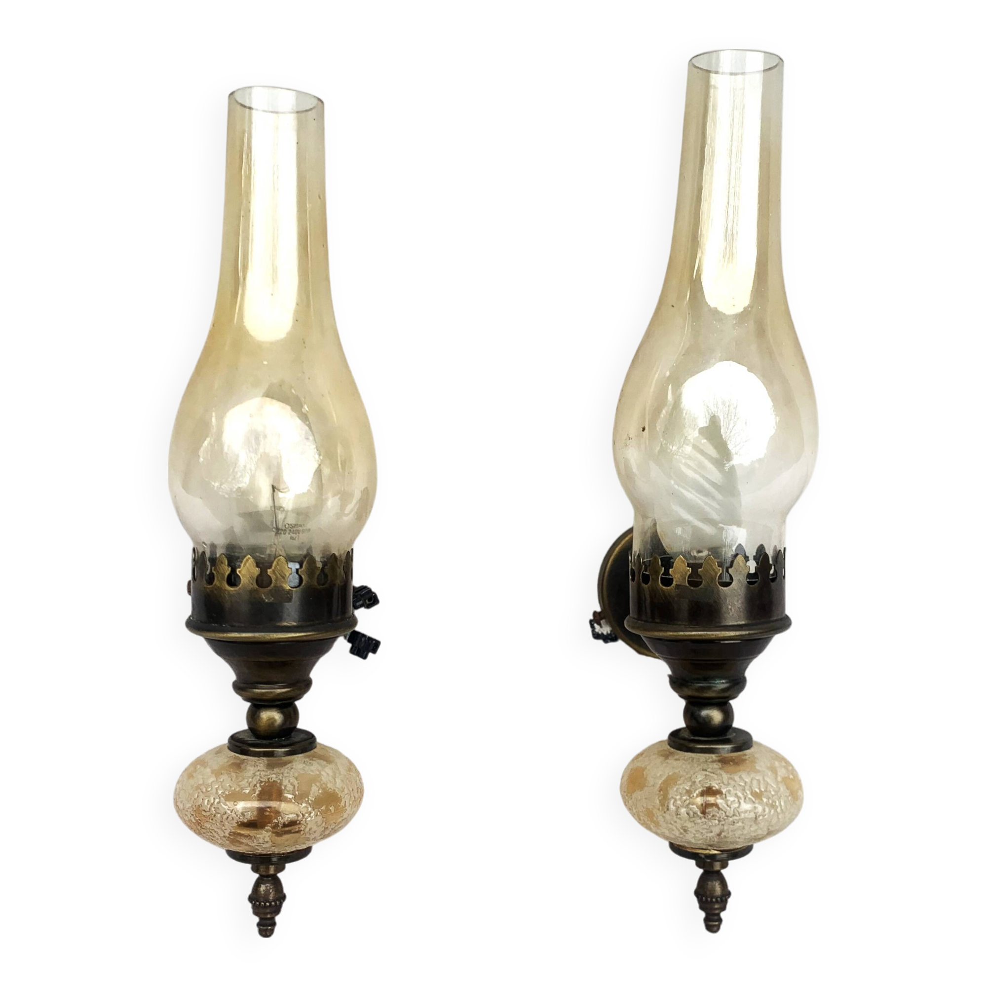 Matching pair of bronze wall sconces oil lamp style