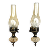 Matching pair of bronze wall sconces oil lamp style