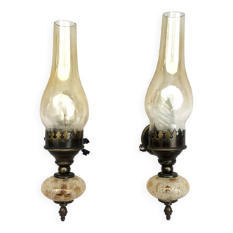 Matching pair of bronze wall sconces oil lamp style