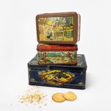 Antique lithographed tin biscuit tins