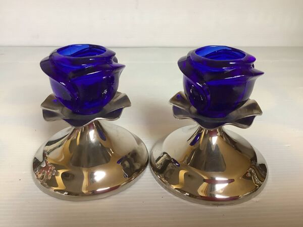 Paire de bougeoirs bleu cobalt pied tulipe