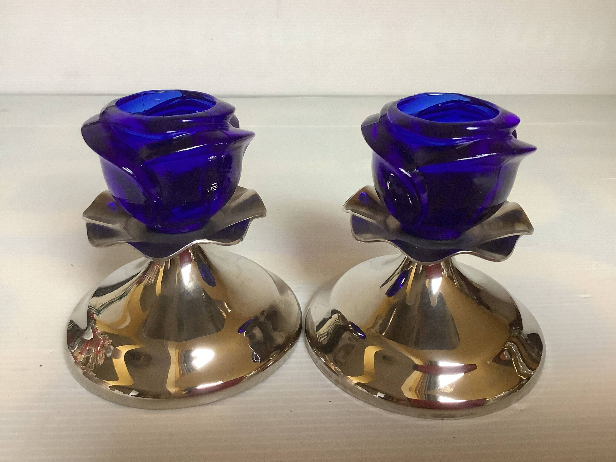 Pair of cobalt blue tulip-base candlesticks