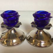 Pair of cobalt blue tulip-base candlesticks