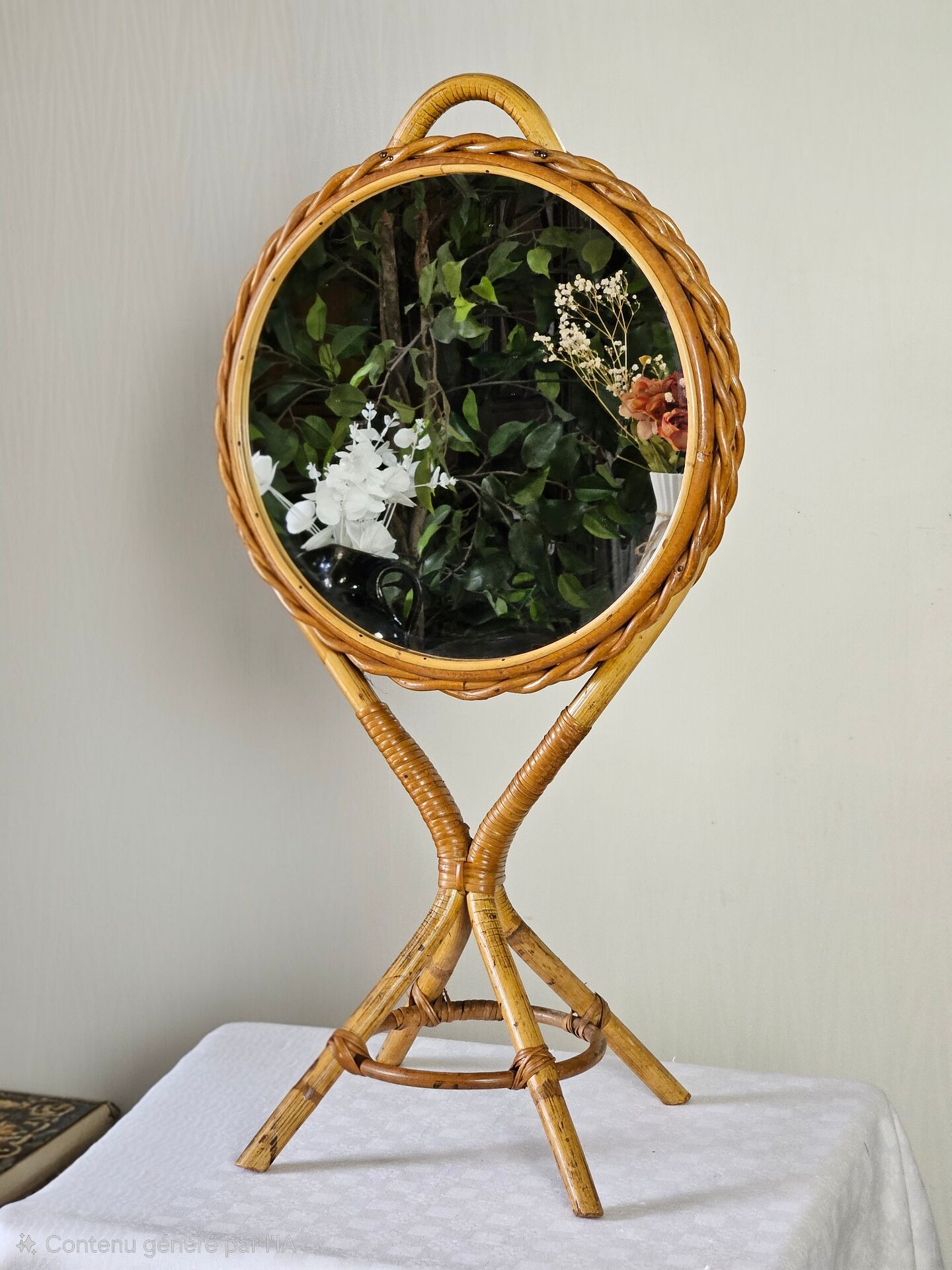 Vintage double-sided round mirror on a rattan stand.