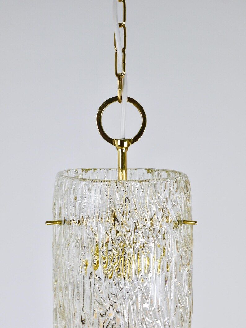 J.T. Kalmar Vienna Midcentury Textured Ice Glass Tube Brass Pendant Lamp, Austria, 1950s