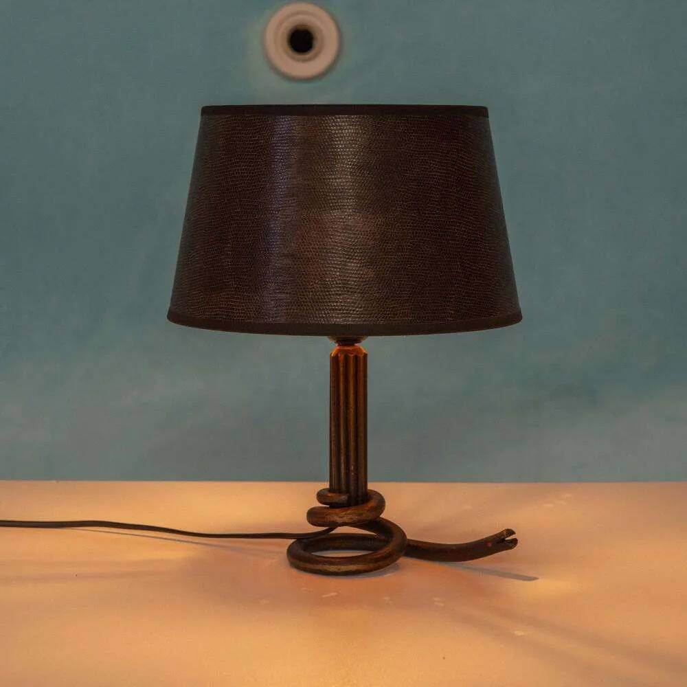 Art Deco wrought iron lamp from the 40s, table lamp with a snake shade.