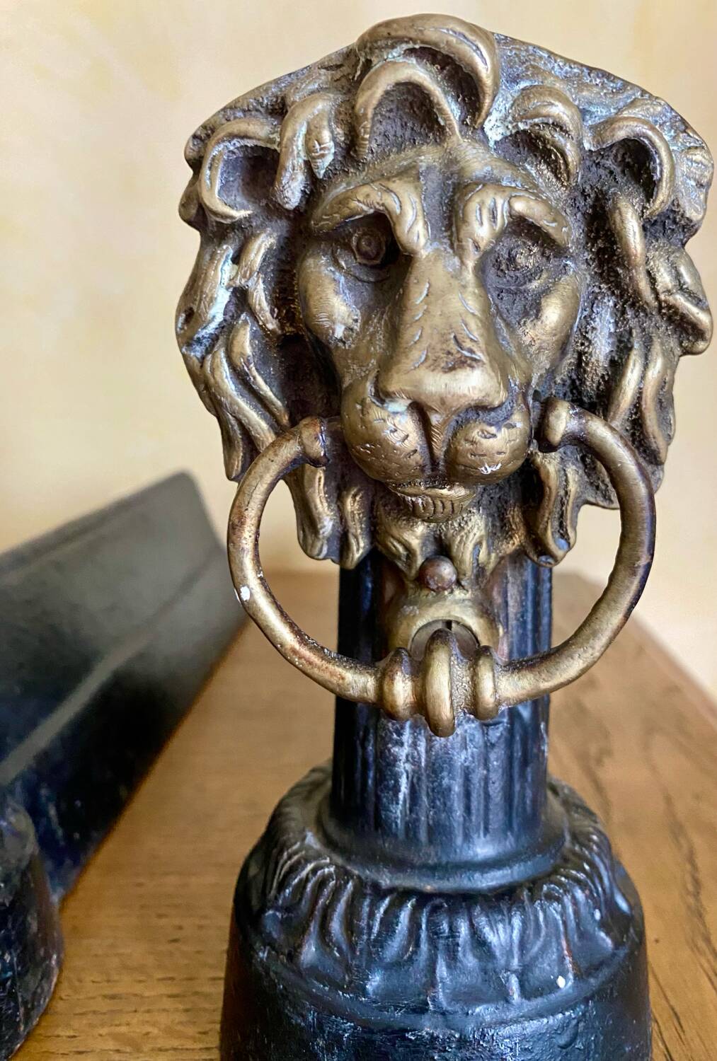 Pair of antique fire dogs with lion heads - patinated cast iron