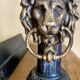Pair of antique fire dogs with lion heads - patinated cast iron