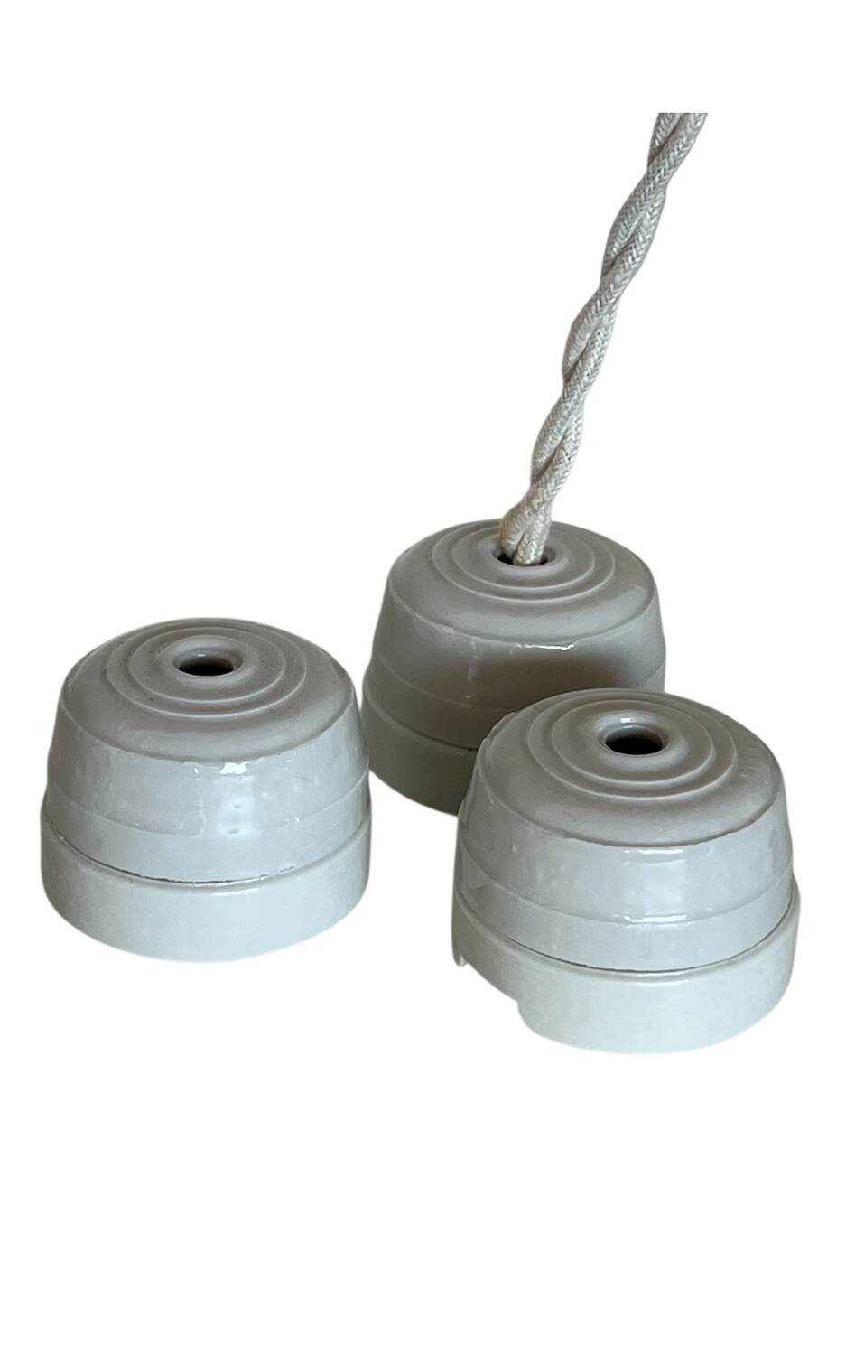 Triple industrial style pendant light with enamelled sheet metal and porcelain sockets