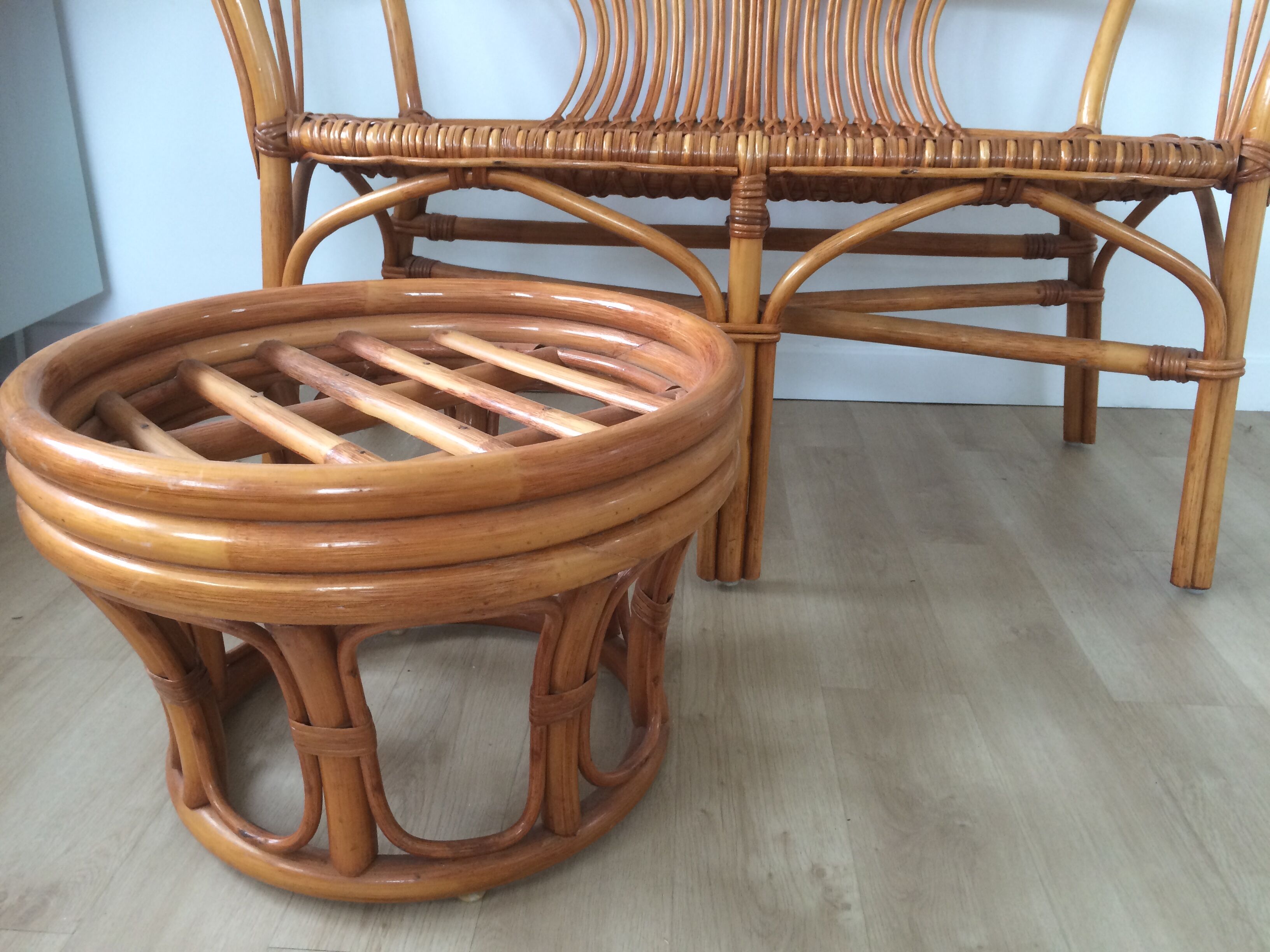 Rattan bench with vintage footrest