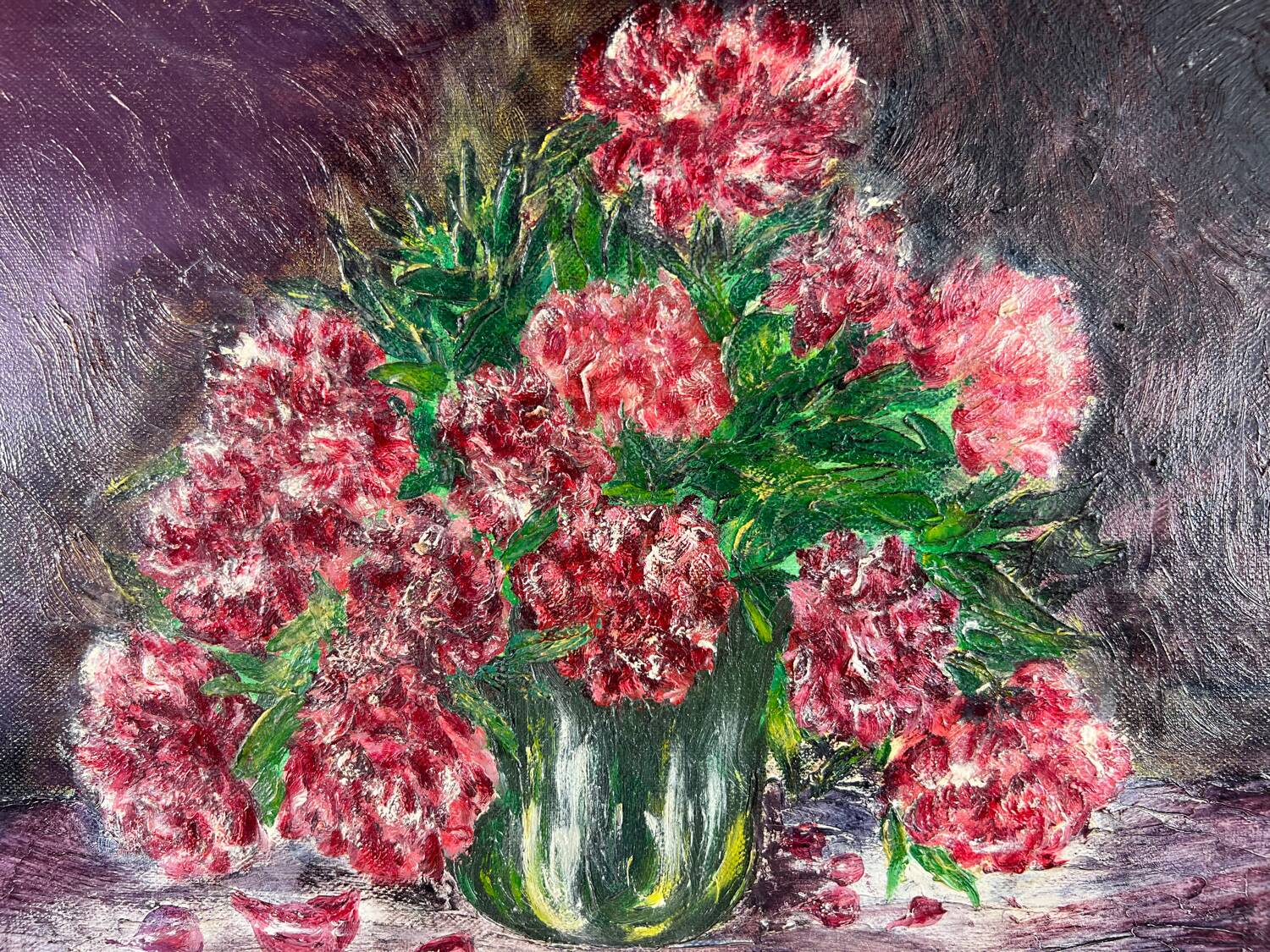 Painting painting bouquet of red peony flowers
