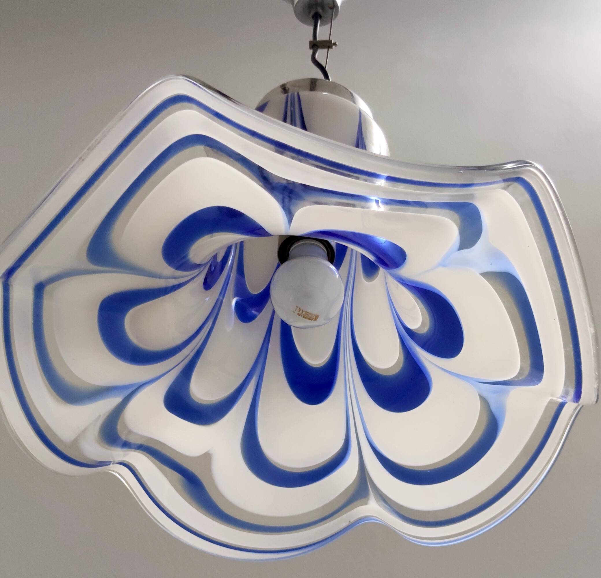 Blue & White Murano Glass Bell Pendant Ascribable to Mazzega, Italy, 1970s