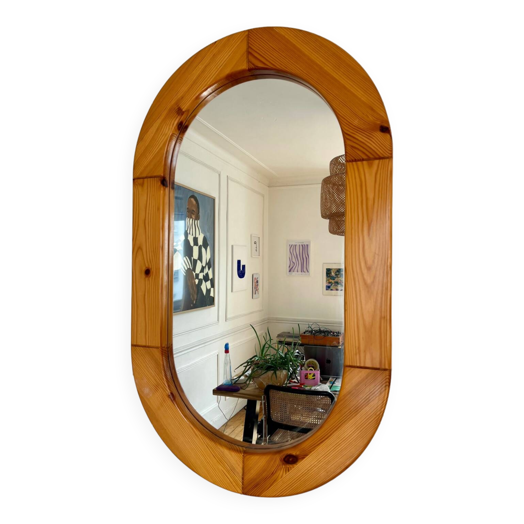 Oval mirror in solid pine vintage 70