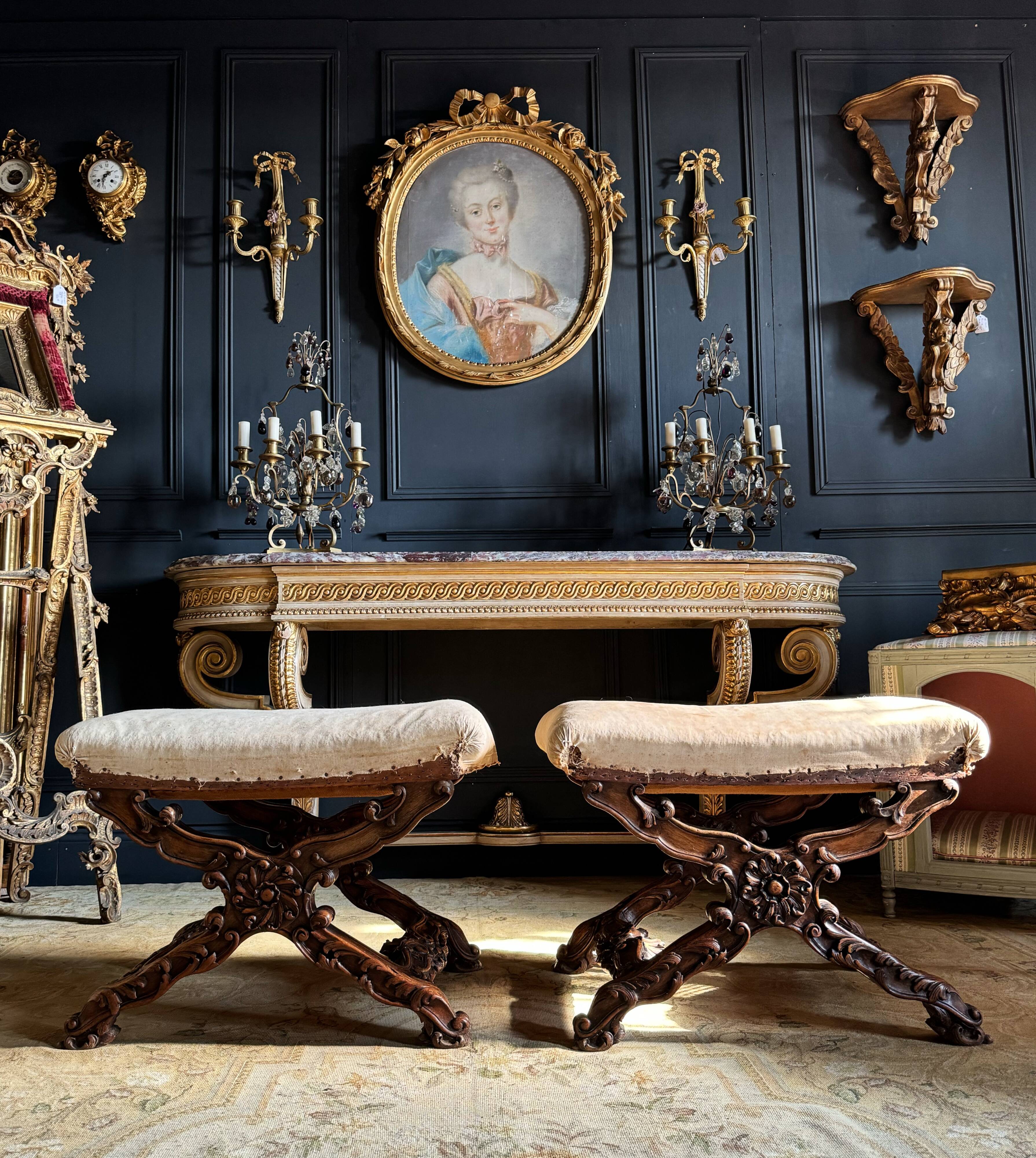 Pair of late 19th century Louis XV style carved wood curules