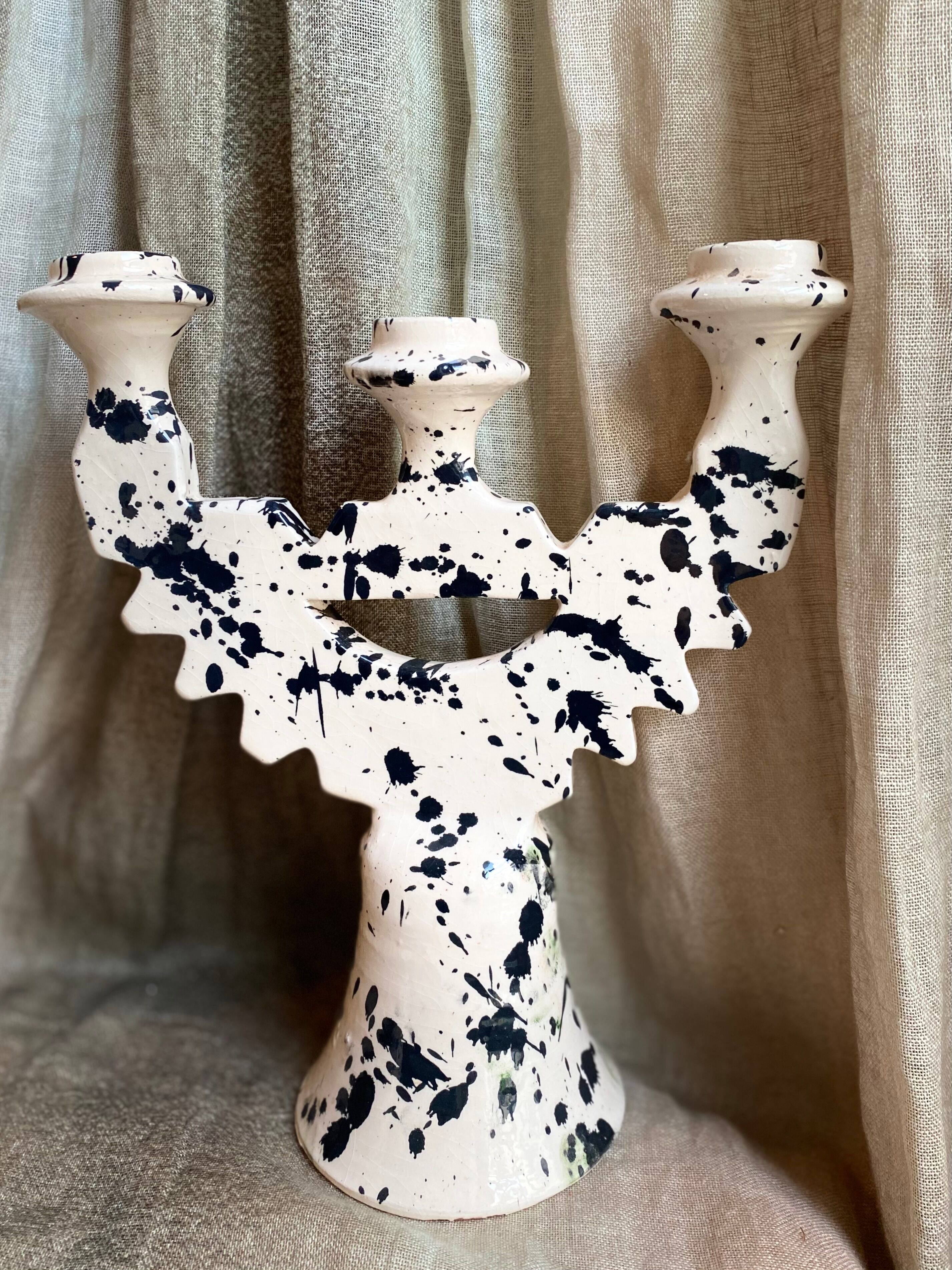 3-headed black spotted terracotta candle holder