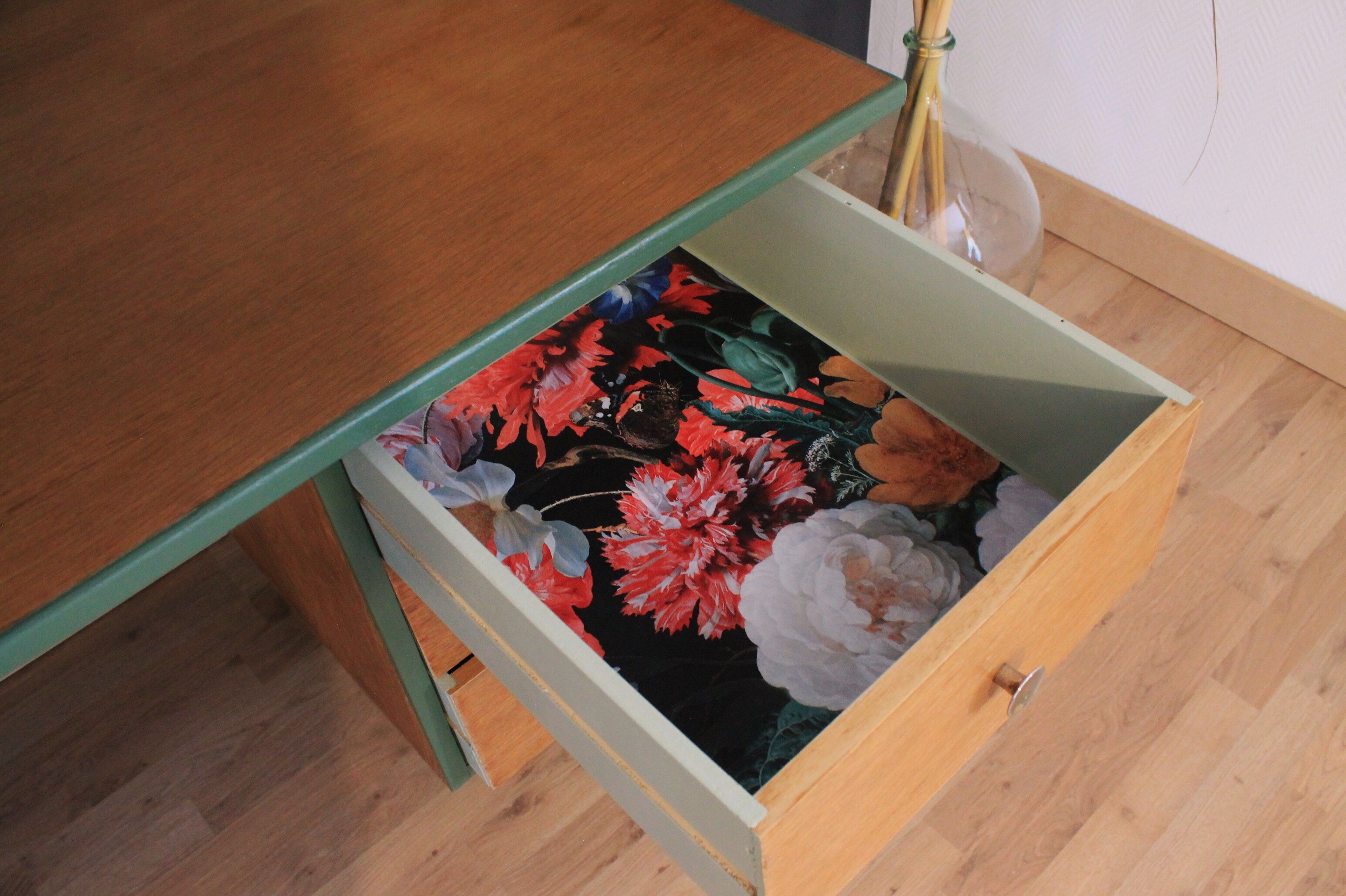 Restored office, 60/70 year, forest green and ancient flowers