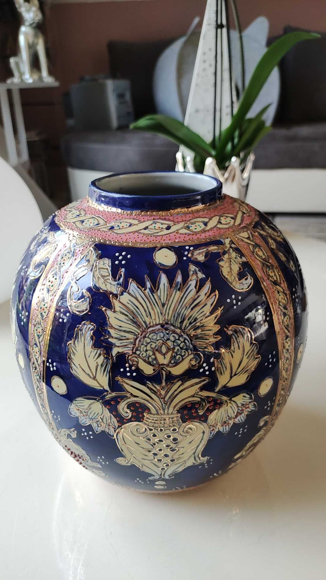 Handcrafted Chinese vase shaped ball in enamelled ceramic. Floral motifs/Ribboned friezes