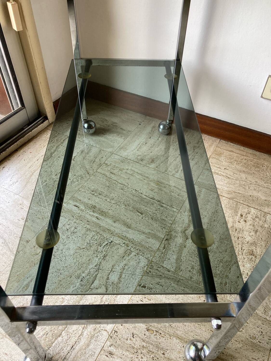 Vintage chrome dessert table, 2 smoked glass trays.