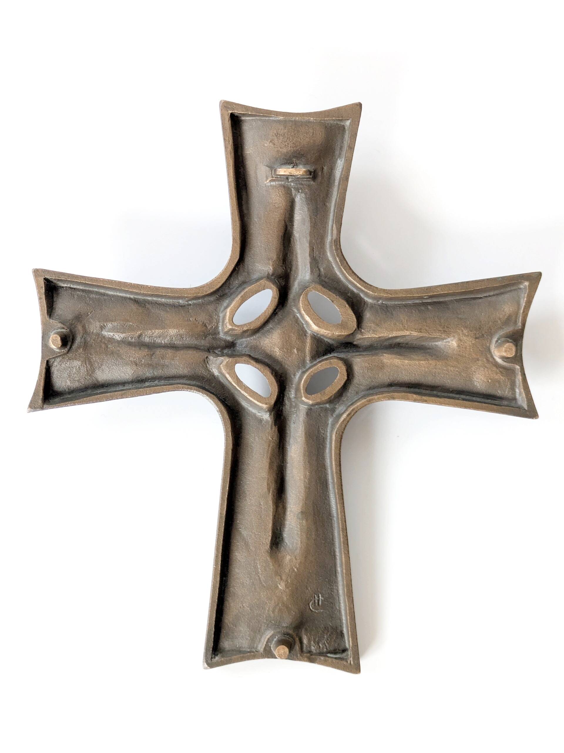 Vintage brutalist bronze crucifix, religious art from the 1950s