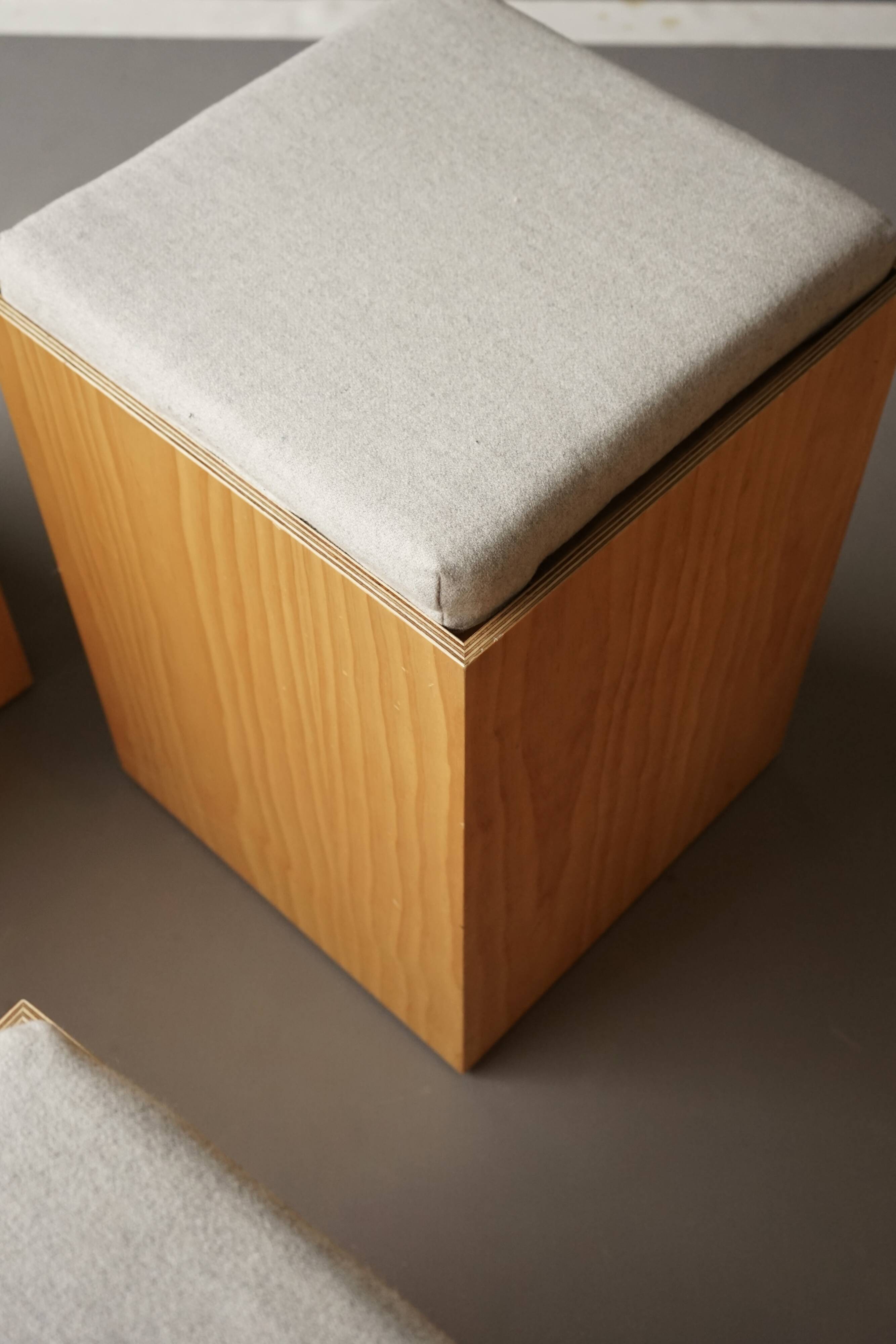 6 minimalist plywood stools with cushions, 1990s