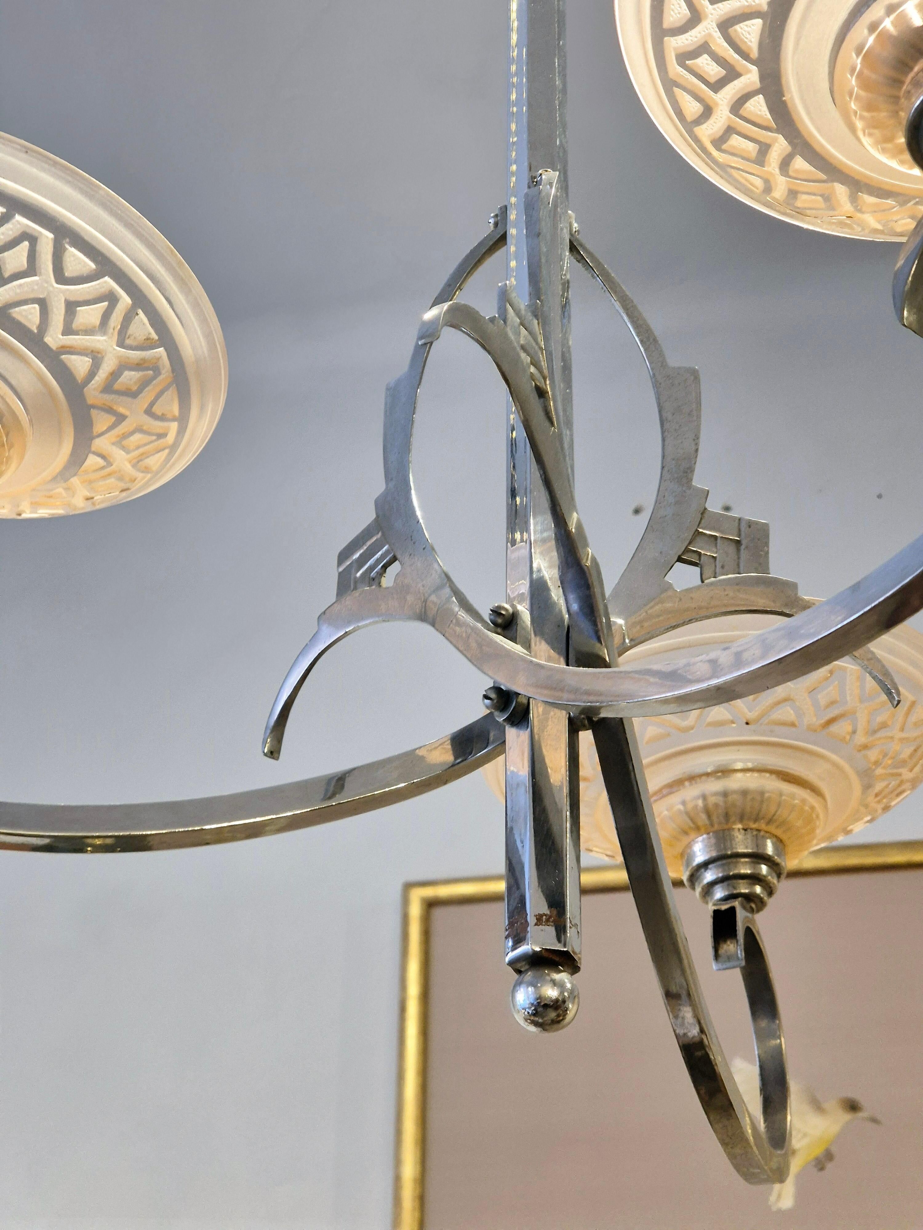 French chandelier, with pink glass shades, Art Deco