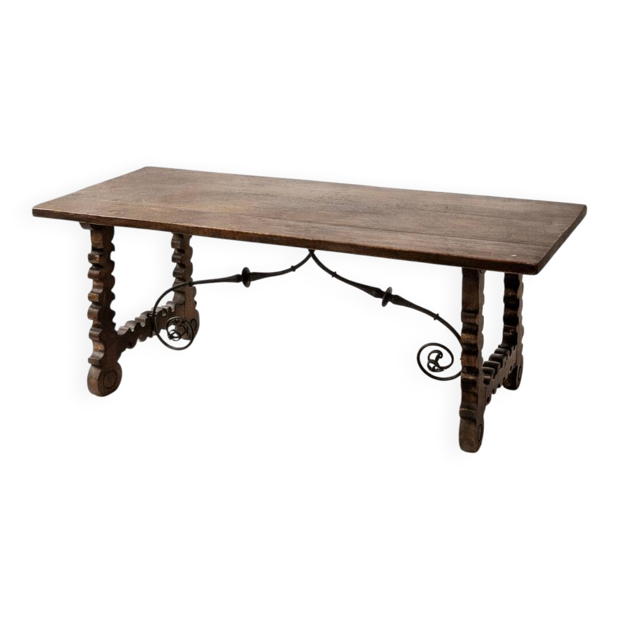 Spanish table in walnut and wrought iron, lyre-shaped base.