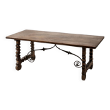 Spanish table in walnut and wrought iron, lyre-shaped base.