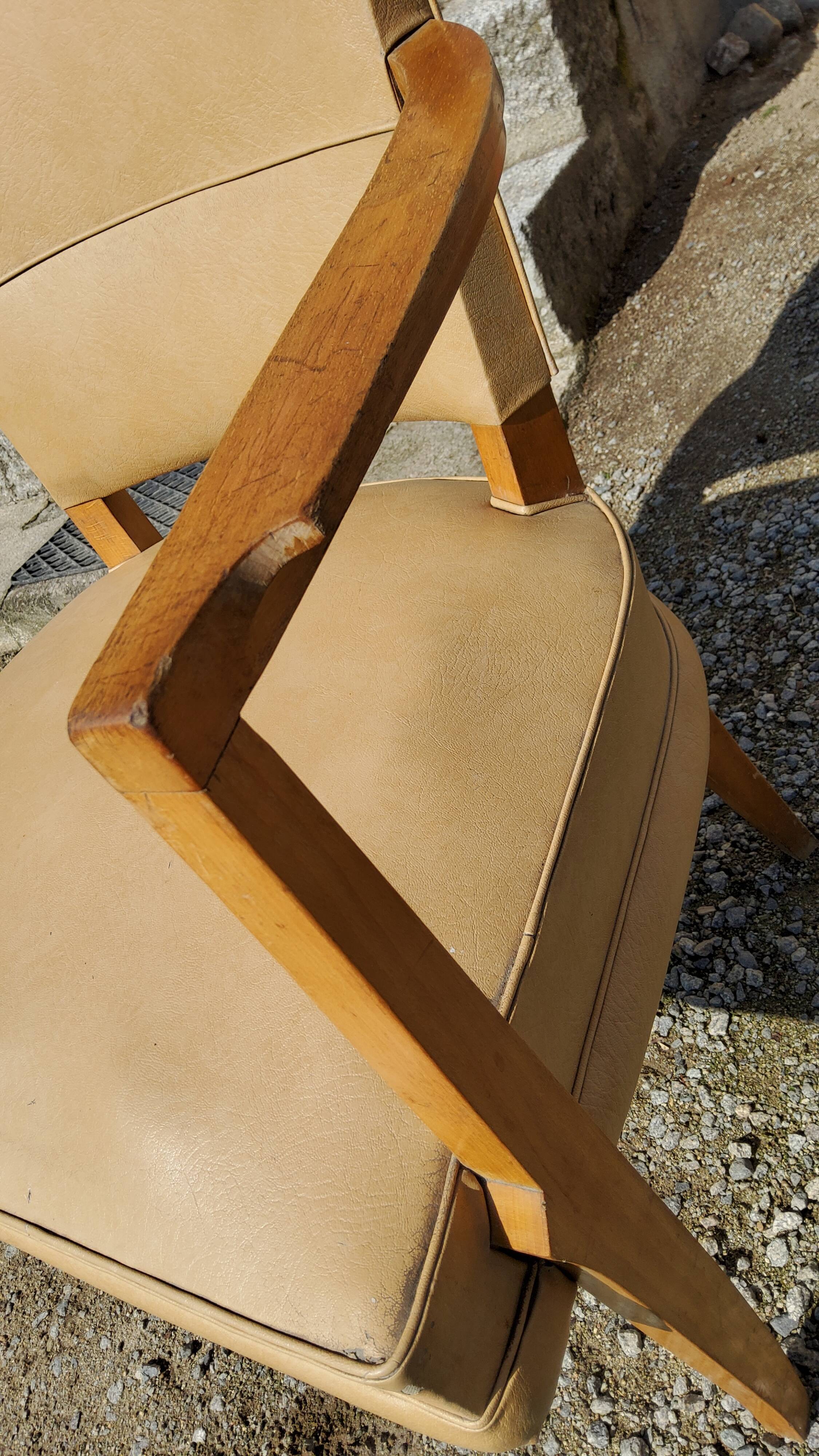 Office armchair from the 50s in beech tinted sycamore and moleskine