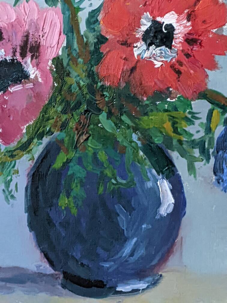 Acrylic painting on canvas, still life, anemones, bohemian countryside