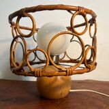 Solid wood table lamp with opaline wicker globe