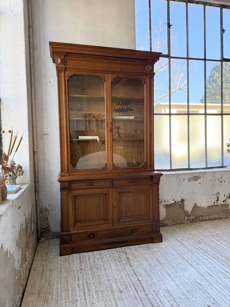 Antique XL Napoleonic oak glass bookcase, 19th century