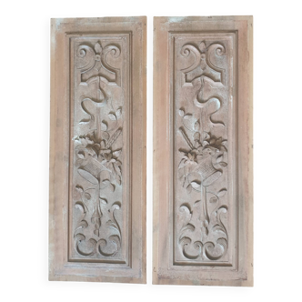 Pair of carved walnut wood pediments, antique wall unit, flower basket
