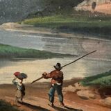 Oil on canvas landscape by a river and mountains in the distance, late 19th century