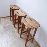 Set of 3 oak mid-century french bar stools Guillerme et Chambron