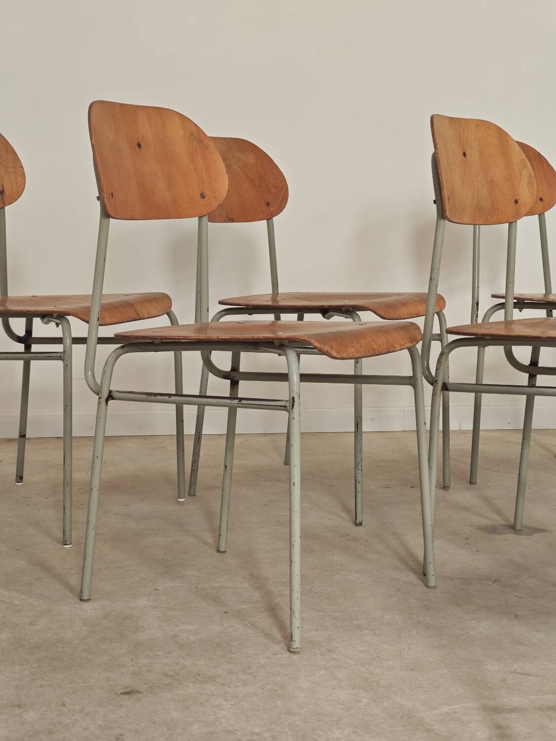 Set of 8 metal and wood school chairs  
Former Czechoslovakia 1960