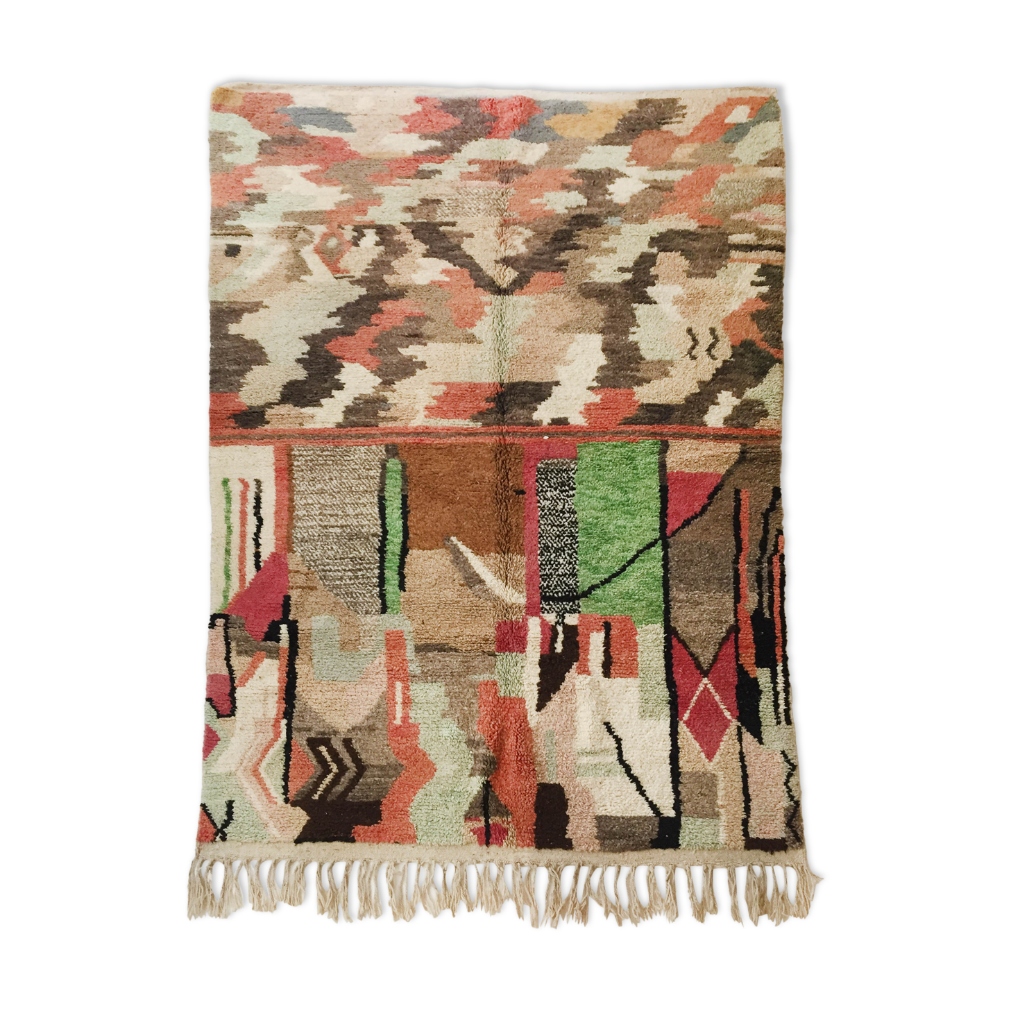 Moroccan Berber boujaad ecru carpet with colorful patterns 303x197cm