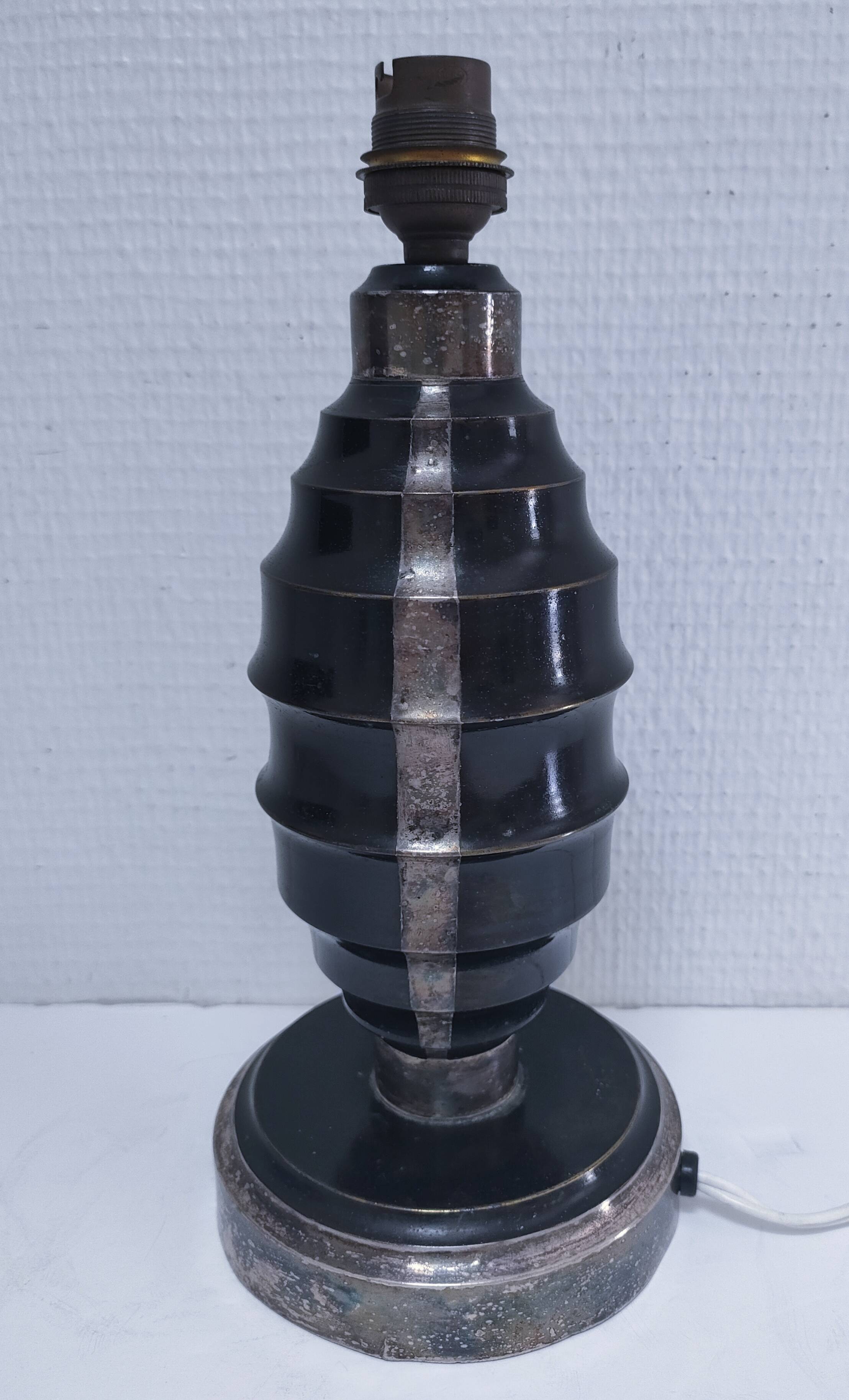 Art Deco metal lamp base with black and silver patina