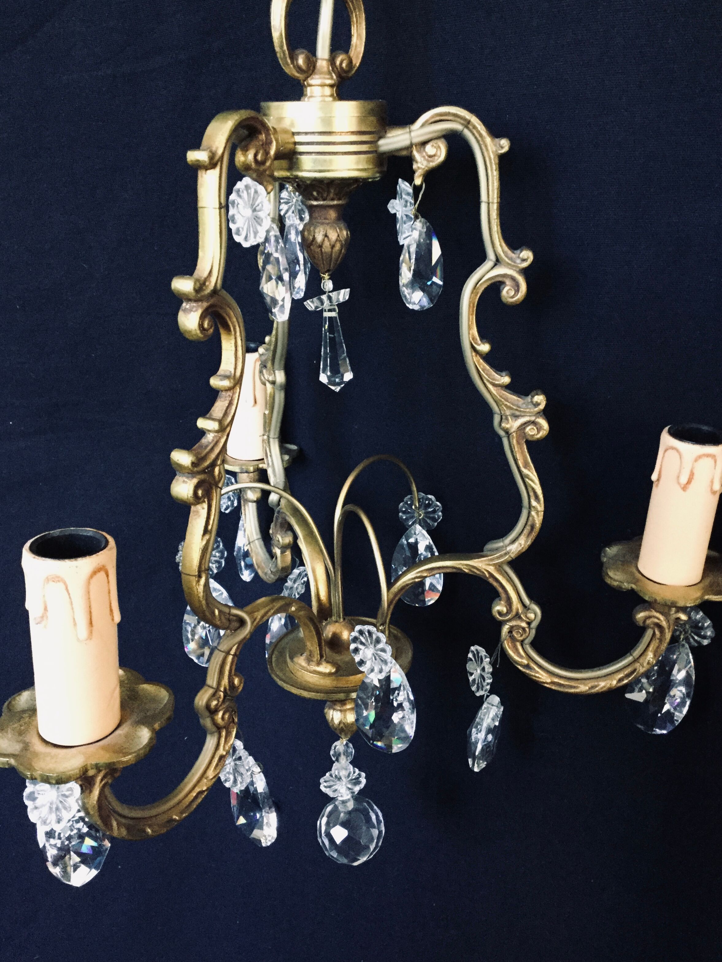 Bronze and crystal 3 light cage chandelier