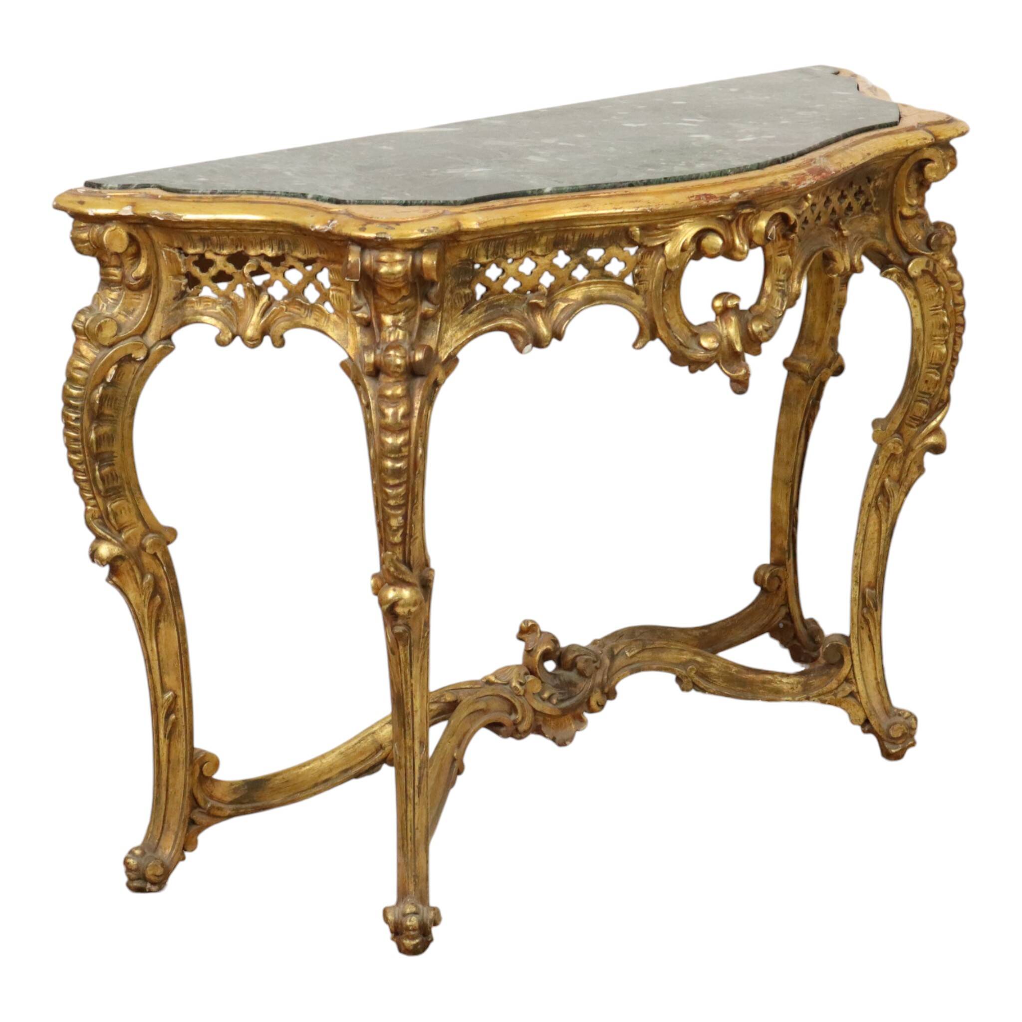 French Louis XV Style Console Gold Leaf Gilded Wood and Marble