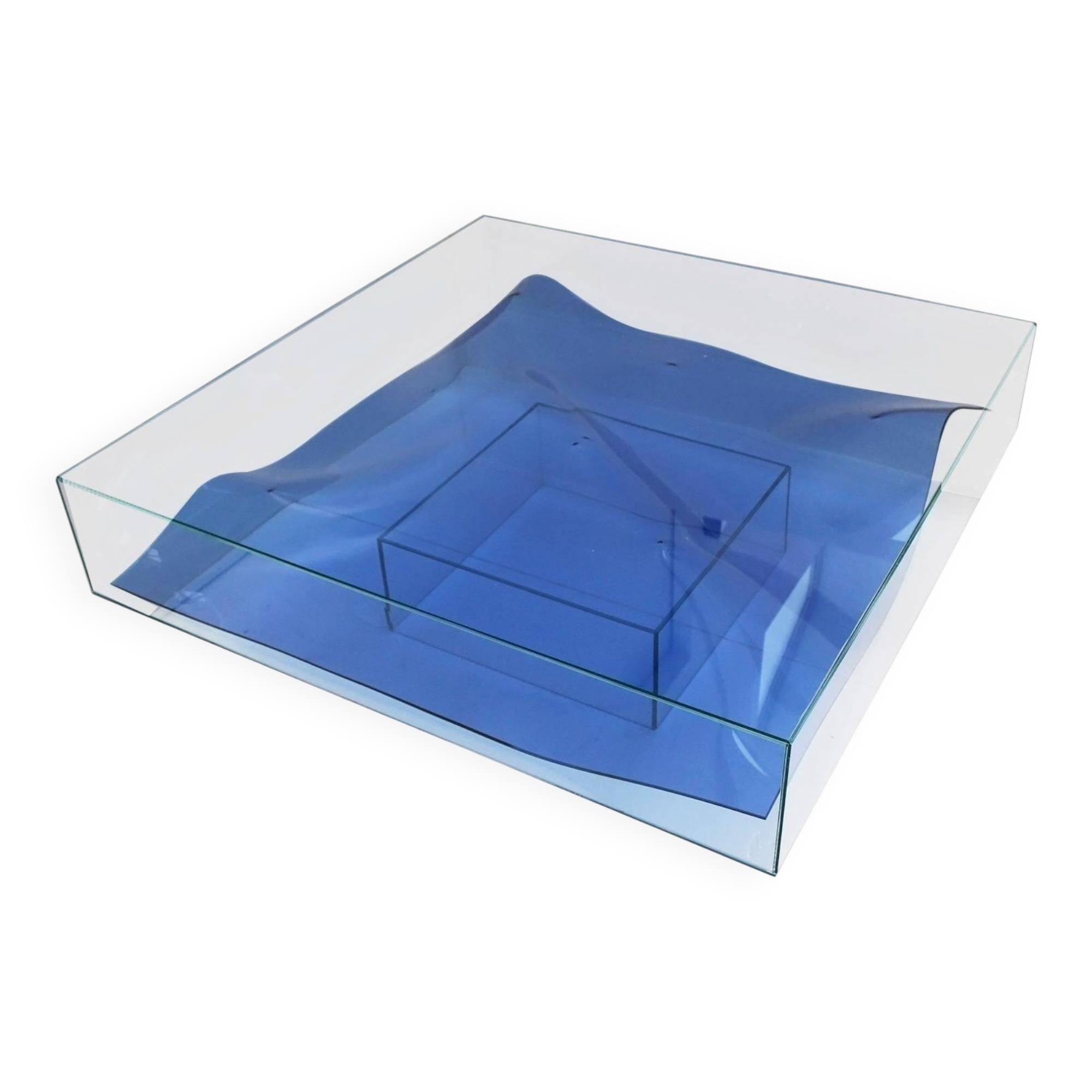 Square Clear Coffee Table by L.A. Studio with Blue Murano Glass, Italian Made