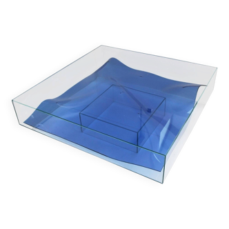 Square Clear Coffee Table by L.A. Studio with Blue Murano Glass, Italian Made