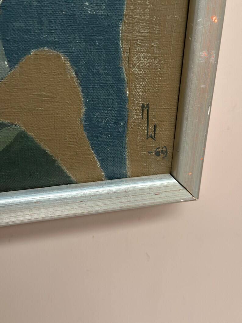 Original Swedish Oil on Canvas – "Aqave" by Marit Wahlström Schönbäck – Signed – Dated 1969 – Framed – 37 × 64 cm