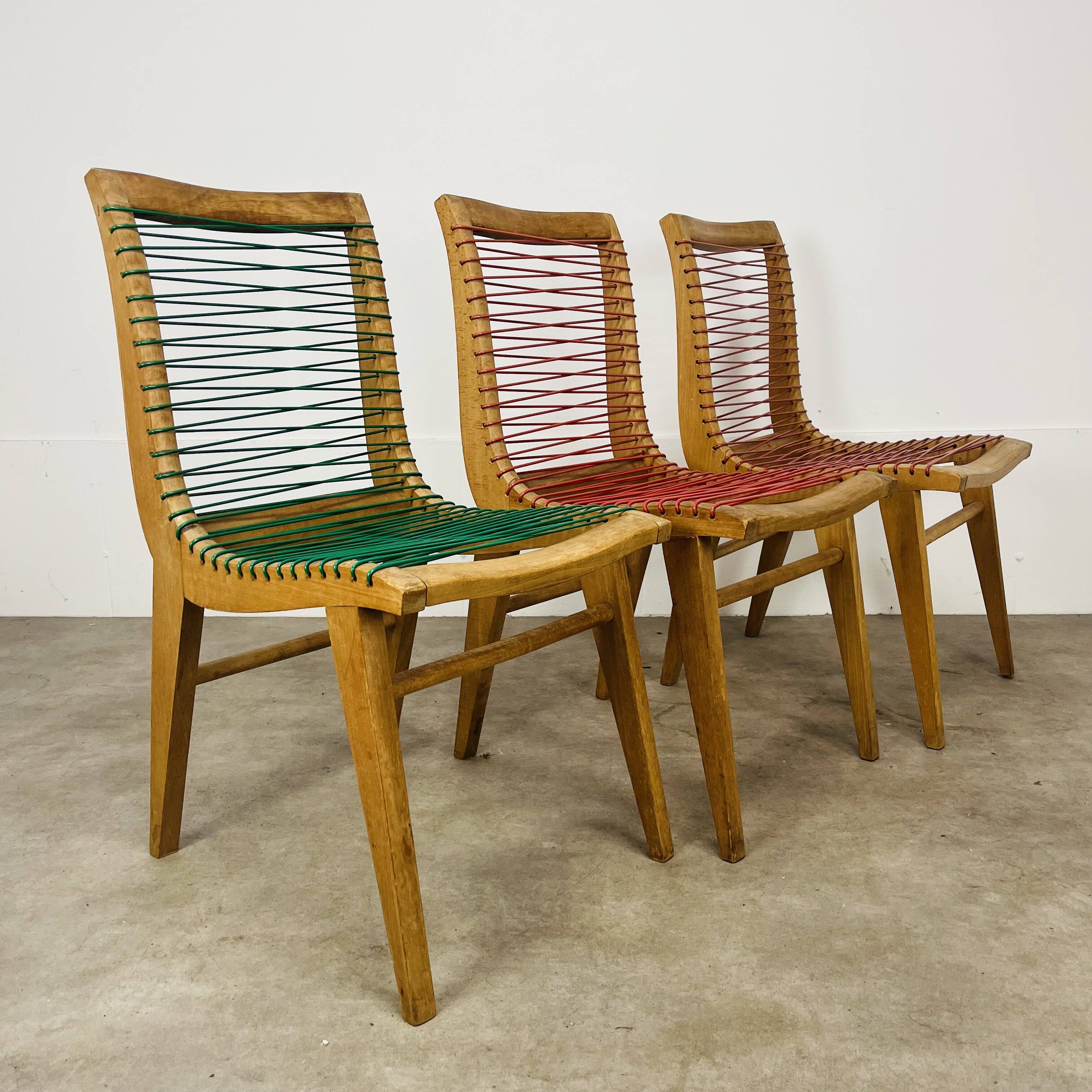 3 Louis Sognot scoubidou chairs from the 1950s