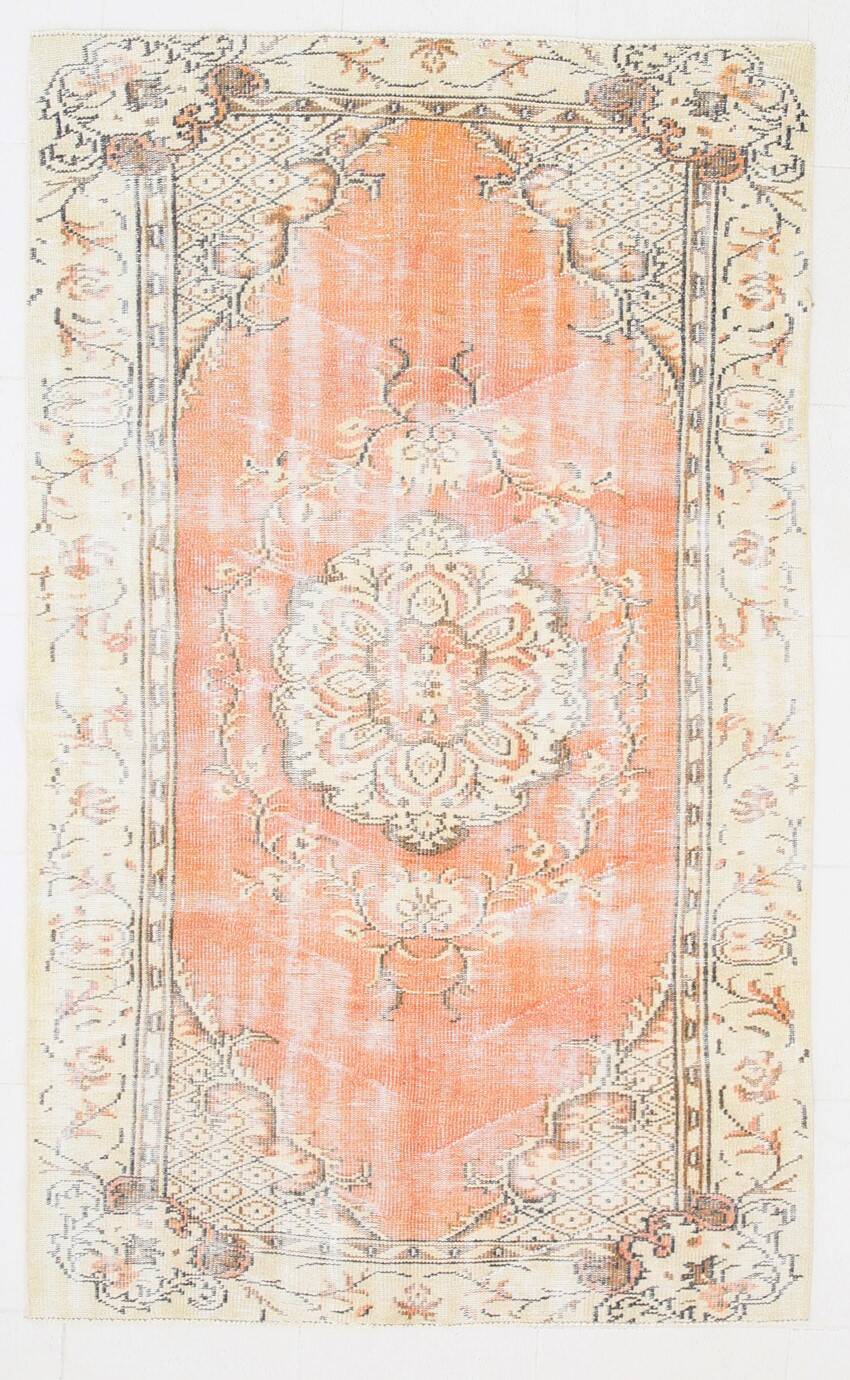 4x7 Peach & Beige Oriental Turkish Vintage Rug, 134x220Cm