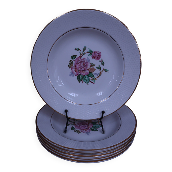 6 Assiettes creuse en demie porcelaine fleuri KIFO Amandinoise