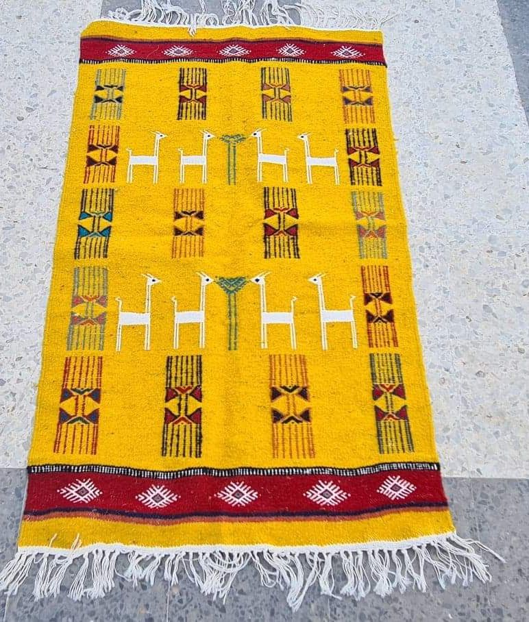 Traditional handmade biker yellow kilim carpet made of pure wool  - 120x70cm