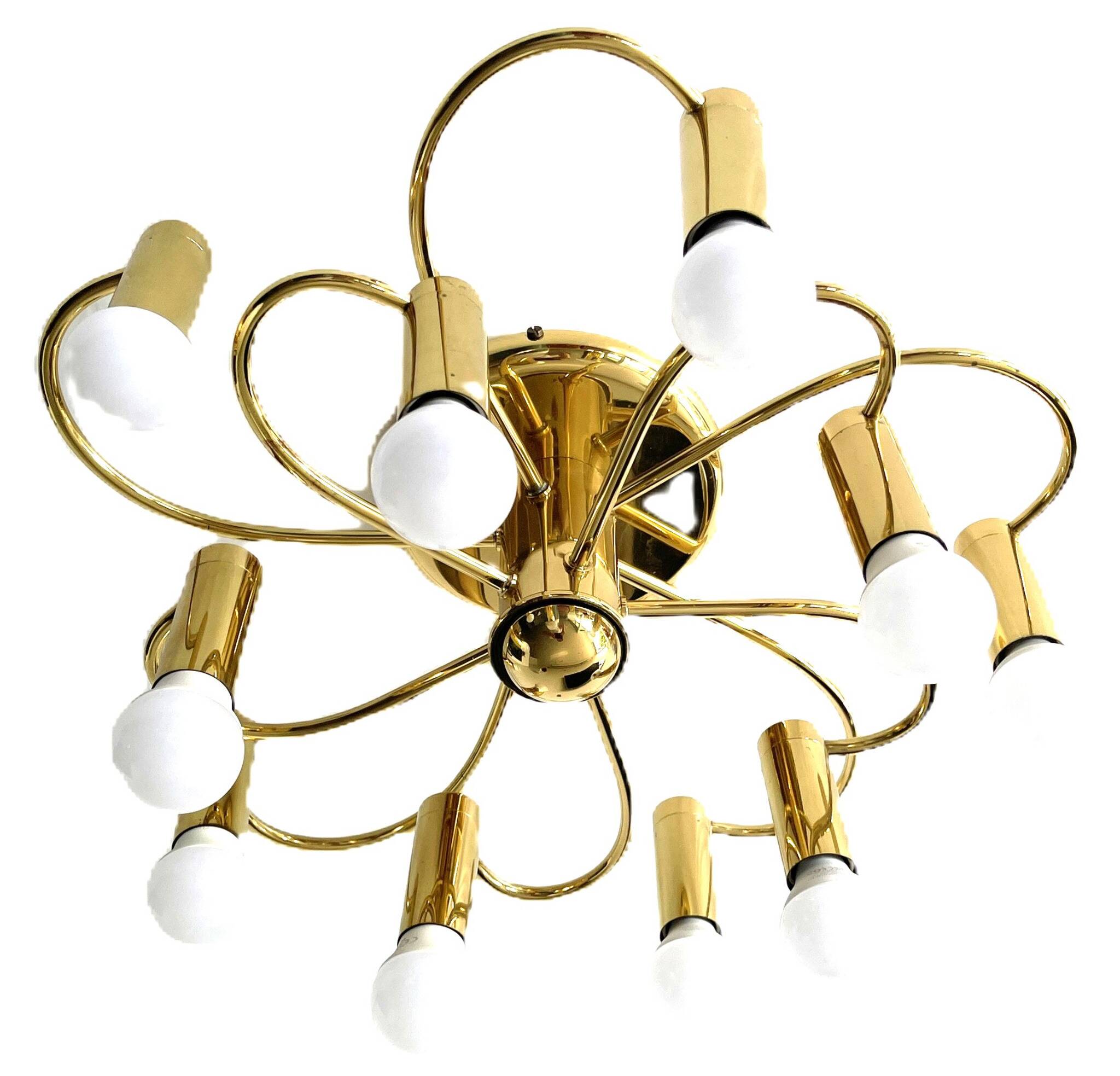 Honsel Leuchten ceiling light with 10 brass lights, Mid Century, 1970s.